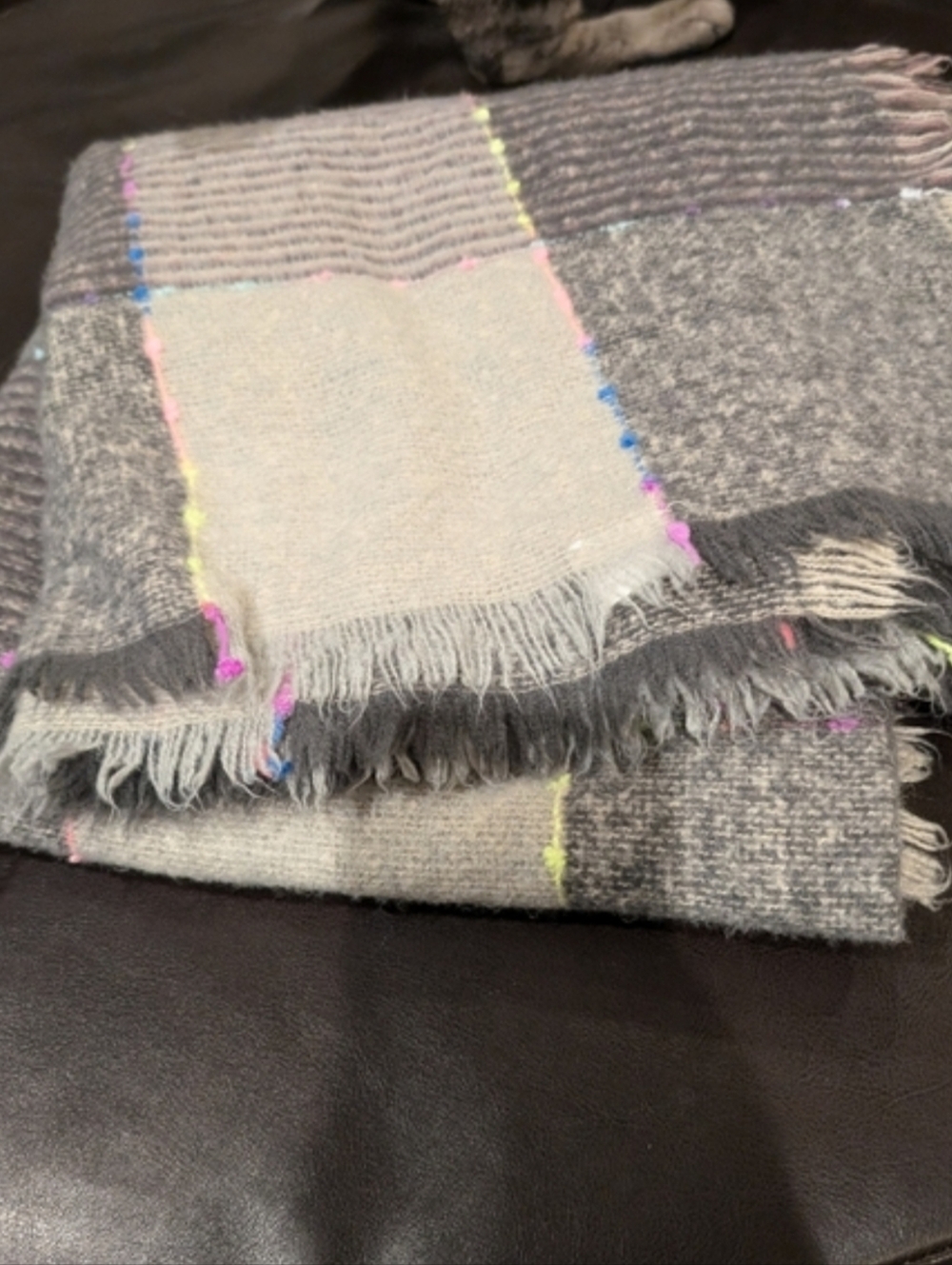 Super soft 100% polyester scarf. Beautiful greys with pastel rainbow dot pattern